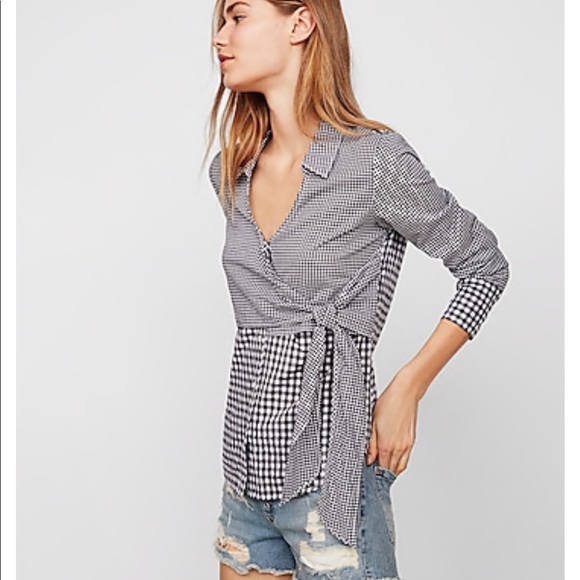 NWT Blue Mixed Gingham Tie Front Surplice Shirt. L - Picture 3 of 3